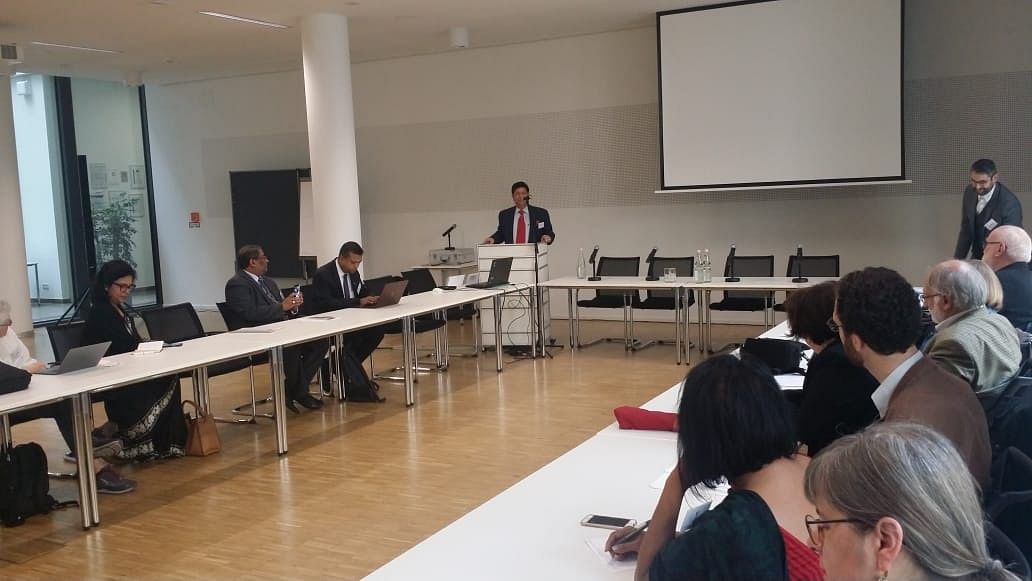 Foreign minister AK Abdul Momen addresses the German Federal Association for Economic Development and Foreign Trade (BWA) in Berlin on 17 October. Photo: UNB