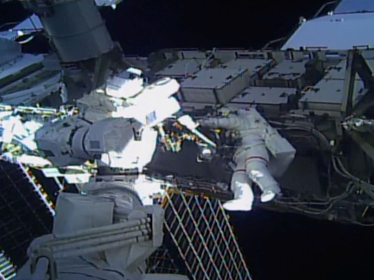 US astronaut Jessica Meir walks outside the International Space Station (ISS), in this still image taken from NASA video, 18 October, 2019. Photo: Reuters  NASA makes history with all-female spacewalk