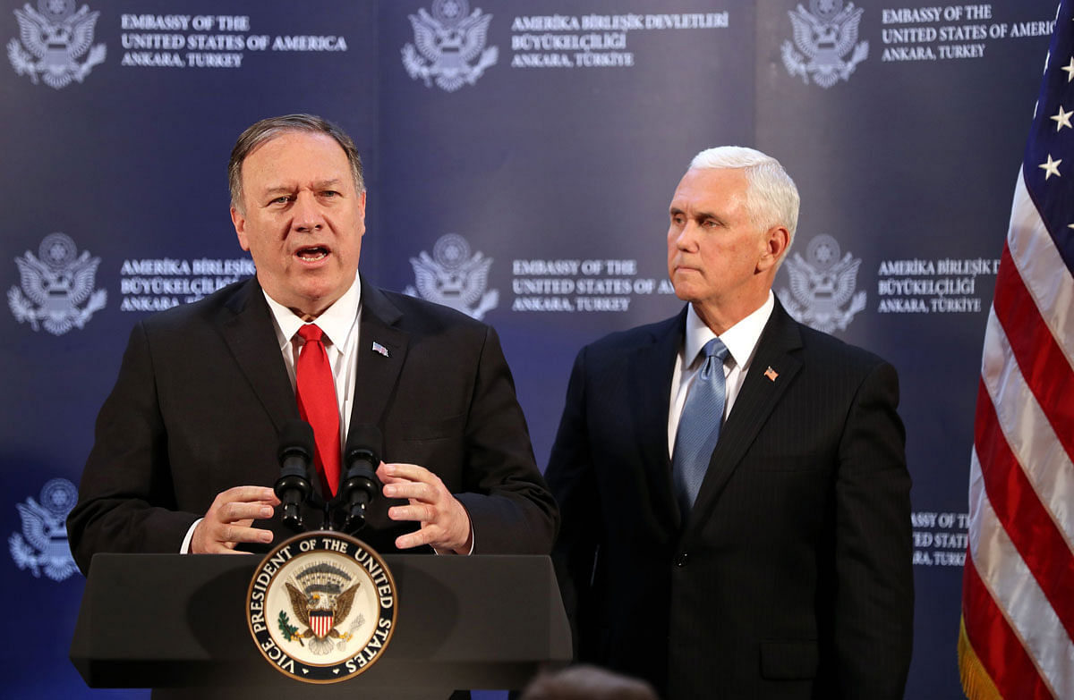 US vice president Mike Pence (R) and US Secretary of State Mike Pompeo (L) attend a press conference after a meeting with Turkish President, in Ankara, Turkey, on 17 October. Photo: AFP