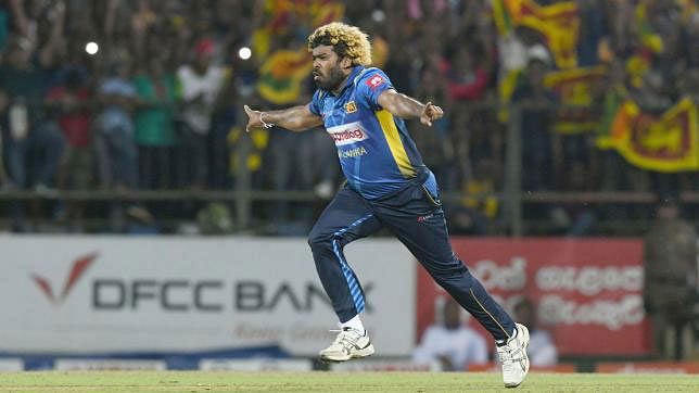 Sri Lanka`s cricketer Lasith Malinga celebrates a hat-trick after dismissing New Zealand`s cricketer Colin de Grandhomme during the third and final international Twenty20 cricket match between Sri Lanka and New Zealand at the Pallekele International Cricket Stadium in Kandy on Friday. Photo: AFP