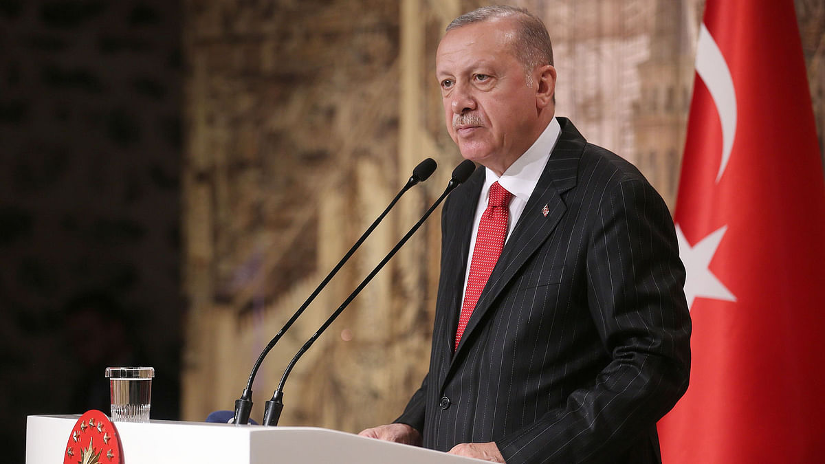Turkish President Tayyip Erdogan talking to media in Istanbul on Friday. Photo: AFP
