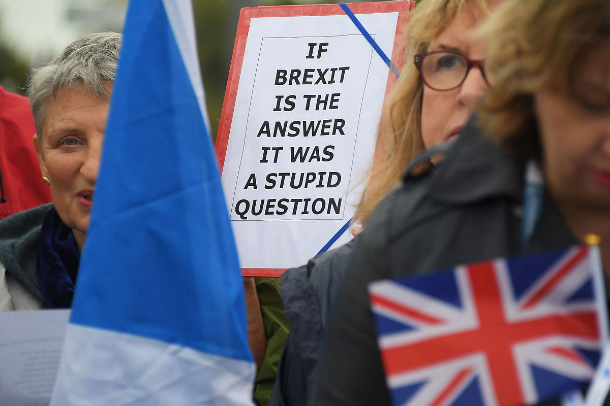 Anti Brexit protesters hold placards and demonstrate in front of the European Parliament in Strasbourg, eastern France, on 19 October 19, 2019. Photo: AFP