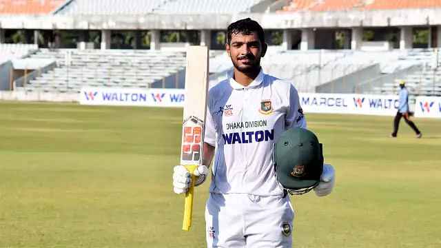 Saif Hassan after scoring a double ton in the National Cricket League against Rangpur Division at Zahur Ahmed Chowdhury Stadium, Chattogram on Friday. Photo: Courtesy