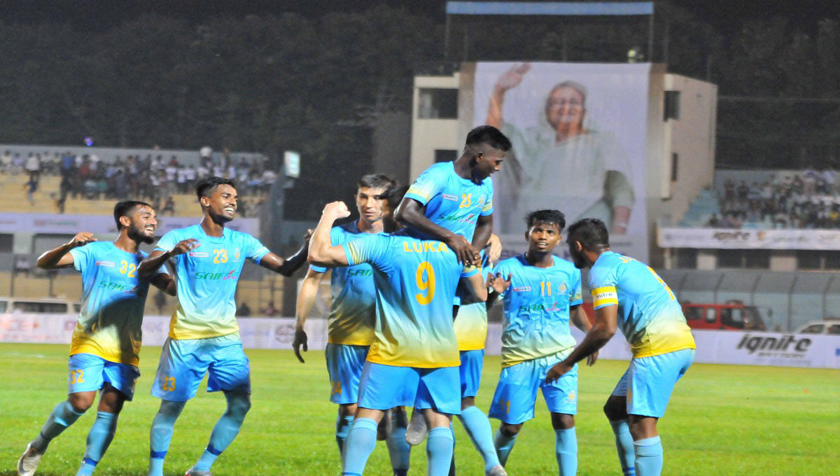 Chattogram Abahani Limited got off to a flying in Sheikh Kamal International Club Cup Football Tournament beating Maldives’ TC Sports Club of the at MA Aziz Stadium in Chattogram on Saturday. Photo: UNB