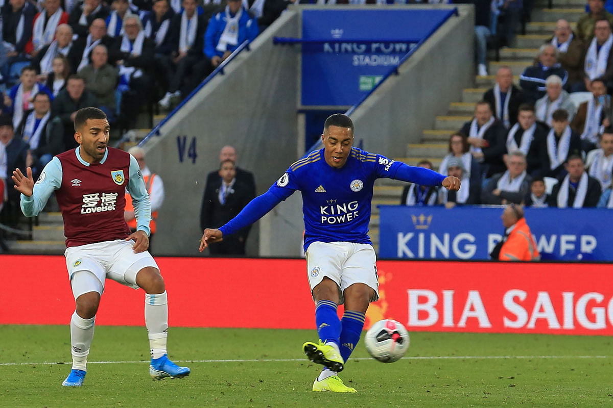 Leicester City`s Belgian midfielder Youri Tielemans shots to score their second goal during the English Premier League football match between Leicester City and Burnley at King Power Stadium in Leicester, central England on 19 October, 2019. Photo: AFP