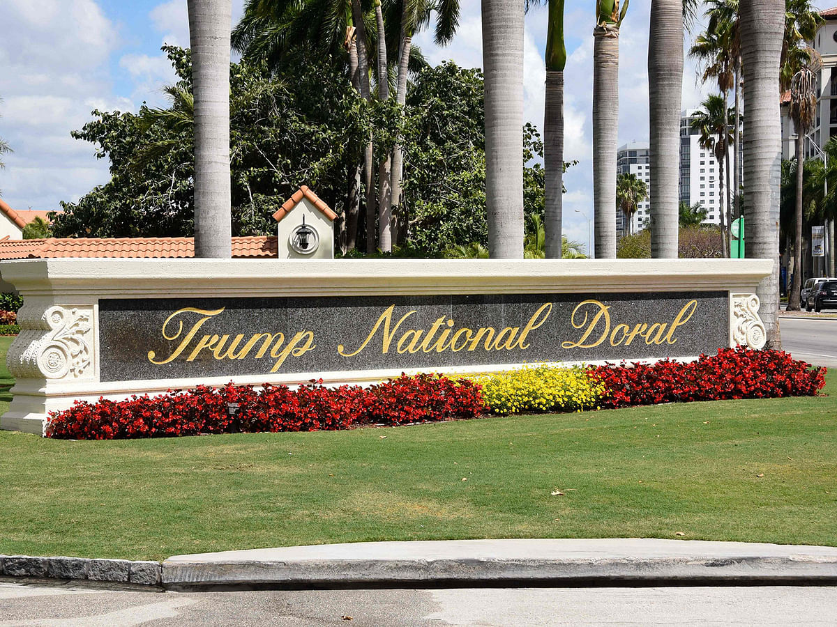 This file photo shows Trump National Doral sign of the golf resort owned by US president Donald Trump`s company in Miami, Florida on 3 April 2018. Photo: AFP