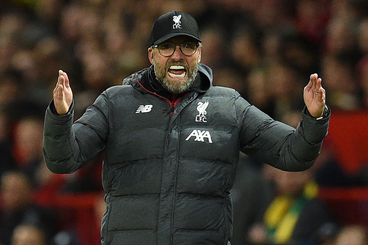 Liverpool`s German manager Jurgen Klopp gestures on the touchline during the English Premier League football match between Manchester United and Liverpool at Old Trafford in Manchester, north west England, on 20 October, 2019. Photo: AFP