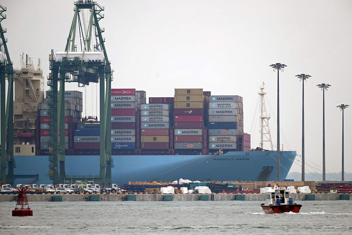 A full load vessel is docked at Westcoast container port terminal in Singapore on 17 October 2019. Photo: AFP
