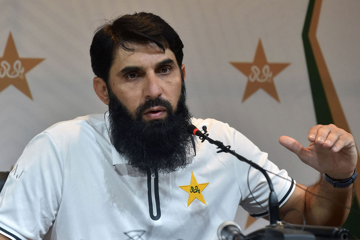 Pakistan cricket head coach and chief selector Misbah-ul-Haq addresses a press conference in Lahore on 21 October, 2019. Photo: AFP