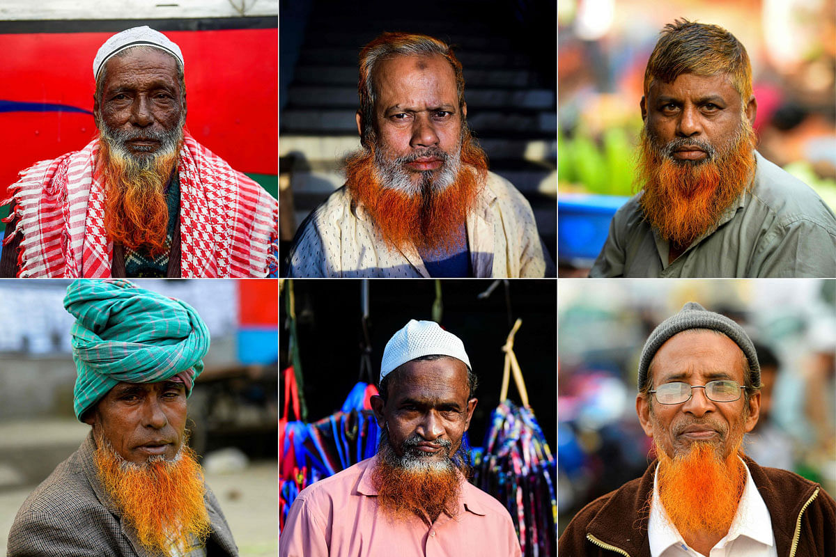 This combination of pictures created on 24 January 2019 shows men with henna-dyed beards in Dhaka on 24 December 2018. Photo: AFP
