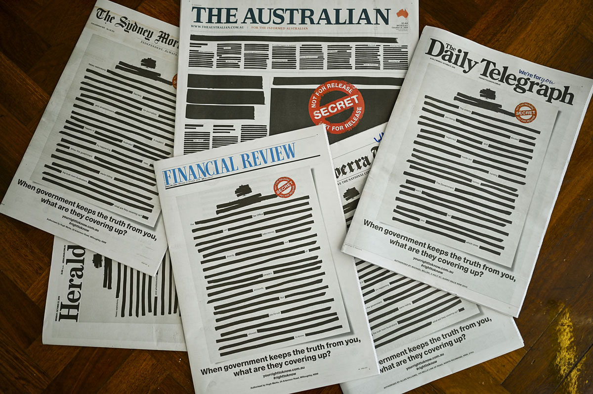 Front pages of major Australian newspapers show a `Your right to know` campaign, in Canberra, Australia on 21 October. Photo: Reuters