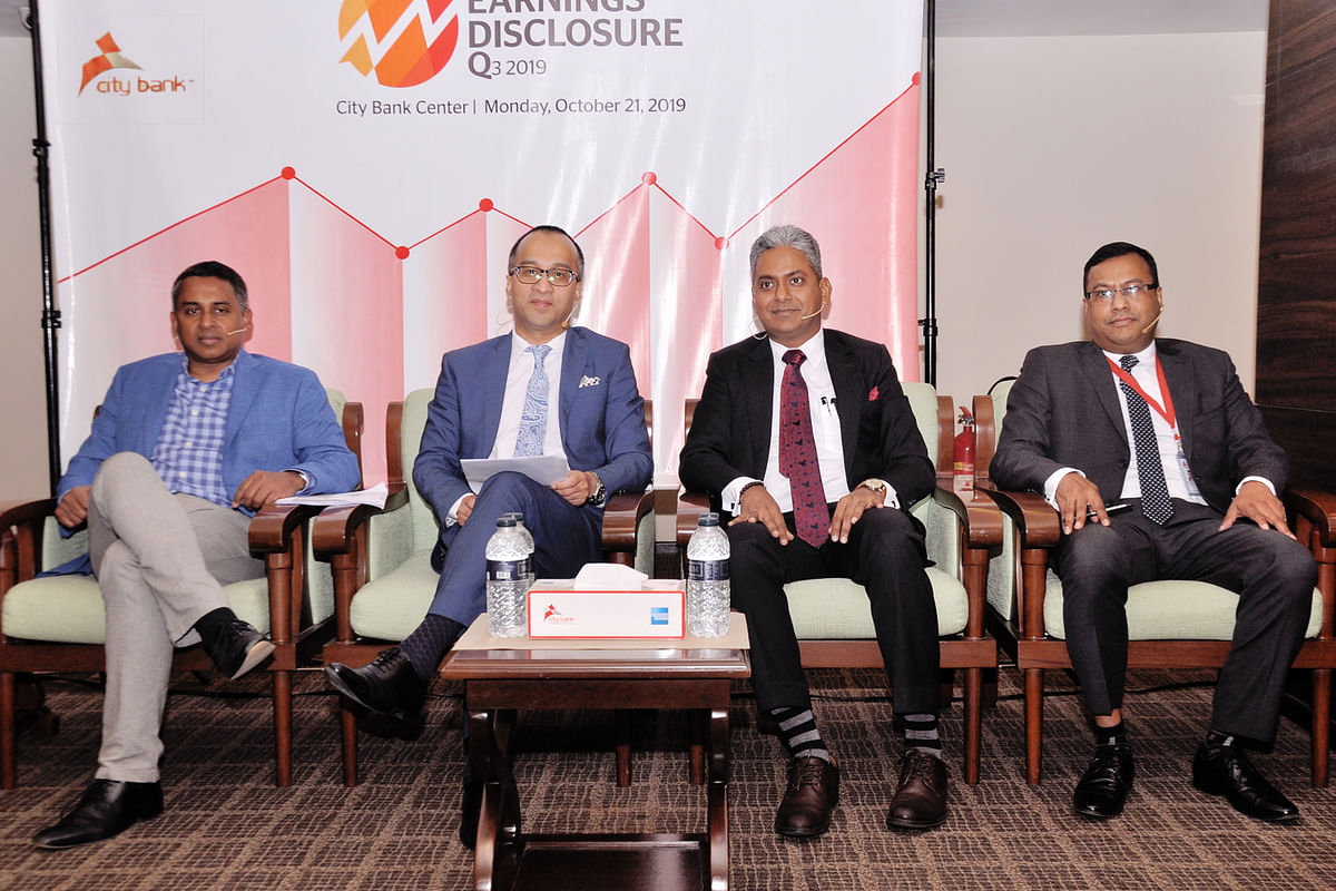 City Bank MD Mashrur Arefin flanked by other officials of the bank’s Earnings Disclosure event held on 21 October