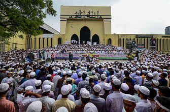 Members of Hefazat-e-Islam take part in a protest in Dhaka on Tuesday. Photo: AFP