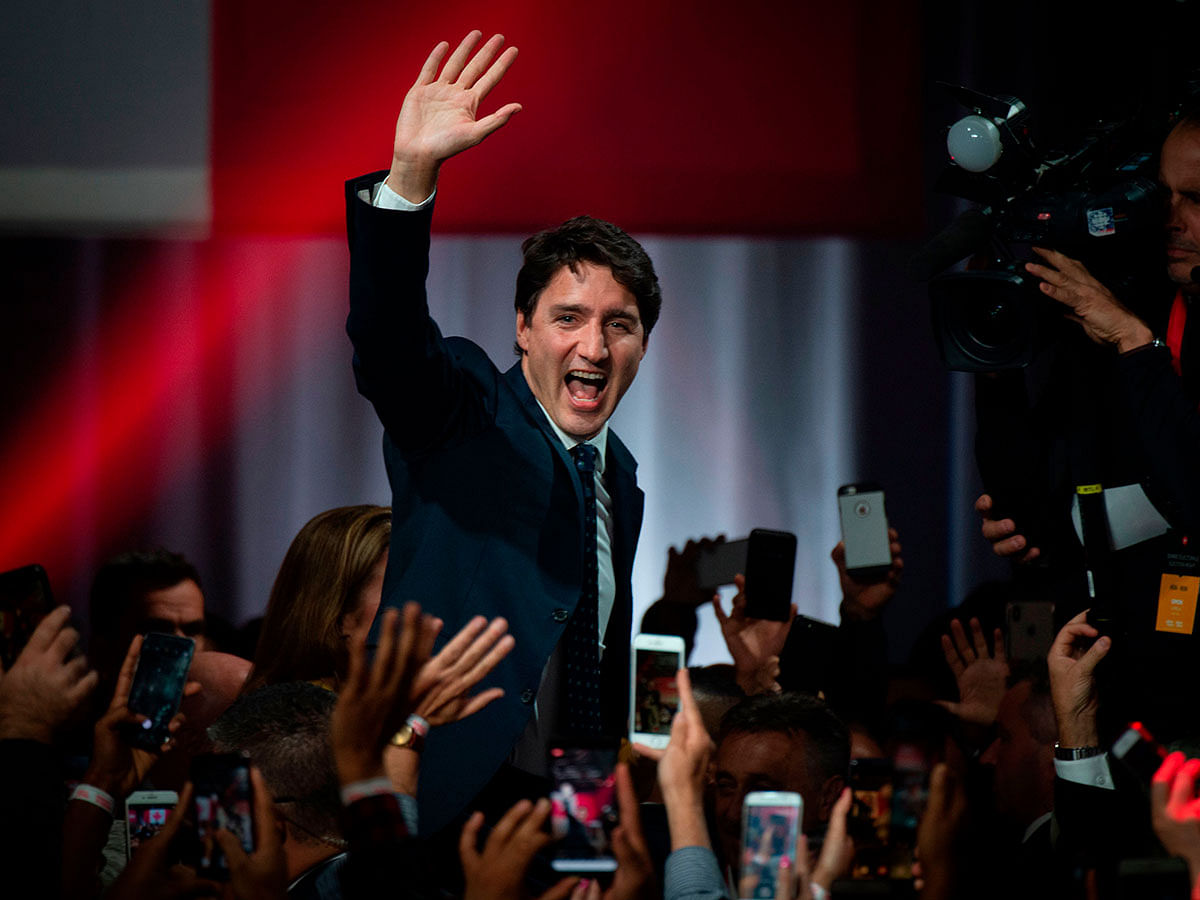 Prime minister Justin Trudeau celebrates his victory with his supporters at the Palais des Congres in Montreal during Team Justin Trudeau 2019 election night event in Montreal, Canada on 21 October 2019. Photo: AFP