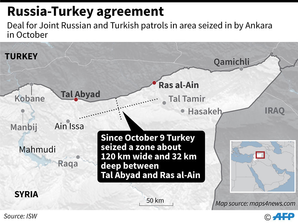 Map showing an approximate area of a `safe zone` inside Syria, agreed by Russia and Turkey on Tuesday. Photo: AFP