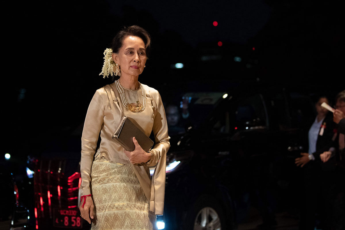 Myanmar`s leader Aung San Suu Kyi arrives at the Imperial Palace for the court banquet in Tokyo on 22 October 2019. Photo: AFP
