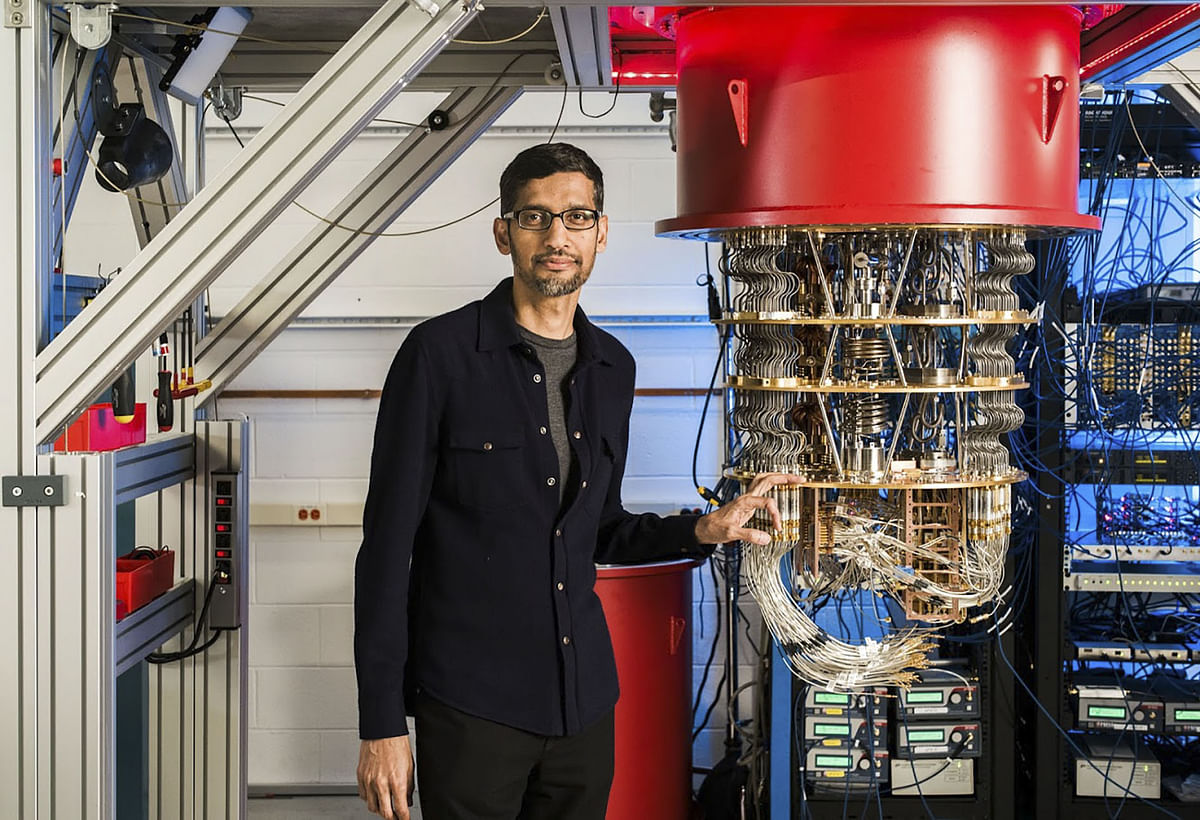 This undated handout image obtained 23 October 2019 courtesy of Google shows Sundar Pichai with one of Google`s quantum computers in the Santa Barbara lab. Photo: AFP