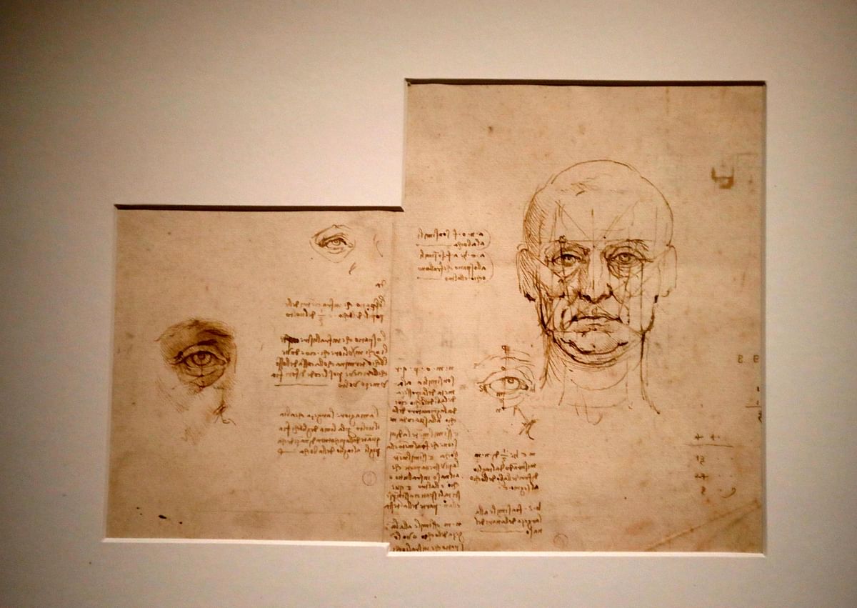 This picture taken on 23 October 2019 shows a drawing by Leonardo da Vinci`s ` Proportions of the Face and Eye`, during the opening of the exhibition ` Leonardo da Vinci `, at the Louvre museum in Paris. Photo: AFP