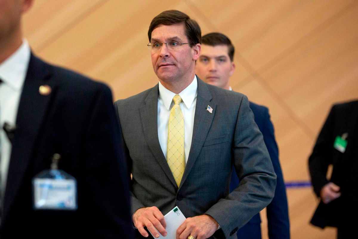 US Defence Secretary Mark Esper (C) arrives for a bilateral meeting with Turkish Defense Minister Hulusi Akar on the sidelines of a NATO Defence ministers meeting at the NATO headquarters in Brussels on 25 October 2019. Photo: AFP