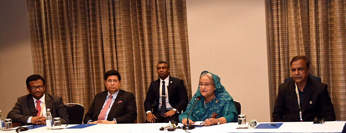 Prime minister Sheikh Hasina (2nd R) addresses when expatriate Bangladeshis living in Azerbaijan called on her at Hotel Hilton Baku in Baku, Azerbaijan on Saturday evening. Photo: PID