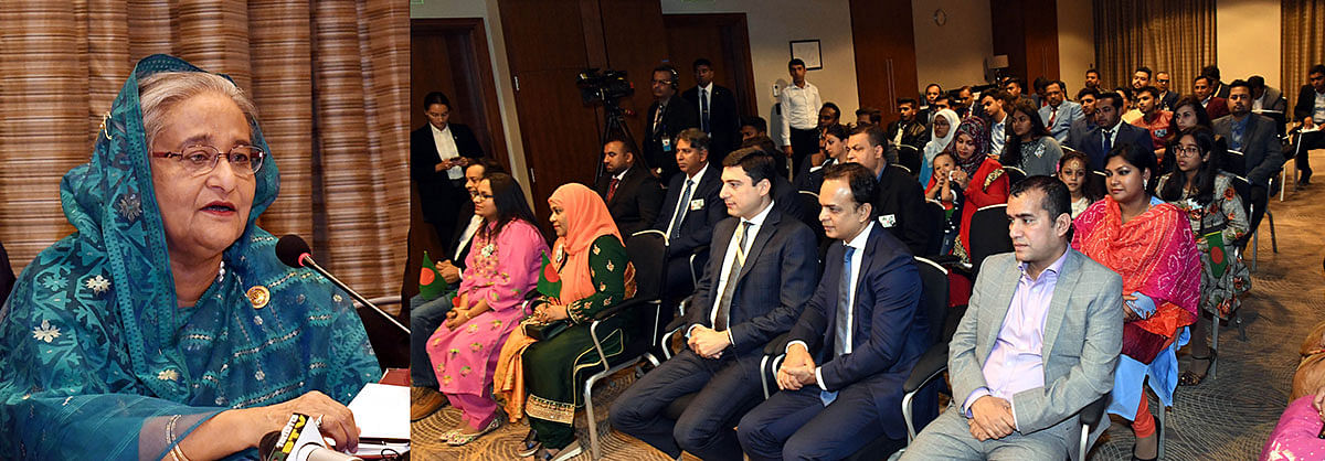 Prime minister Sheikh Hasina addresses when expatriate Bangladeshis living in Azerbaijan called on her at Hotel Hilton Baku in Baku, Azerbaijan on Saturday evening. Photo: PID