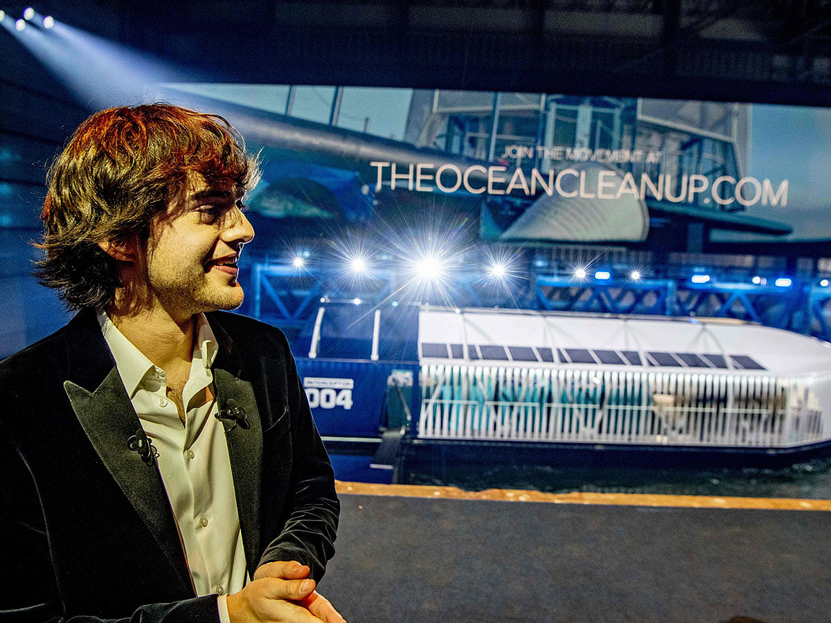 Dutch Founder and CEO of The Ocean Cleanup Boyan Slat, presents in Rotterdam the new barge system called `The Interceptor` which will be used for the expansion of their river and ocean cleaning campaign on 26 October 2019. Photo: AFP