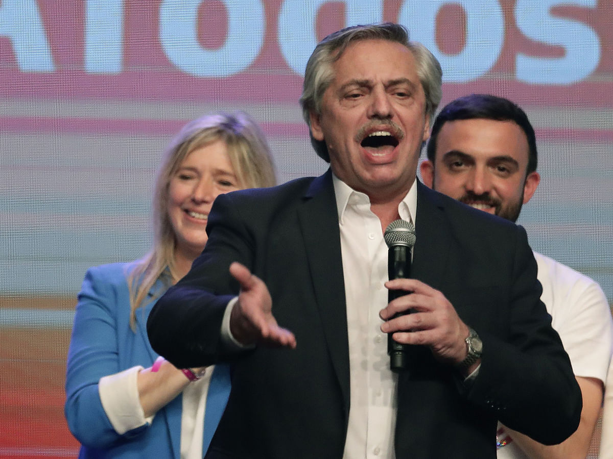 President elect of Argentina Alberto Fernandez delivers a speech to supporters at the party`s headquarters in Buenos Aires on 27 October 2019. Photo: AFP