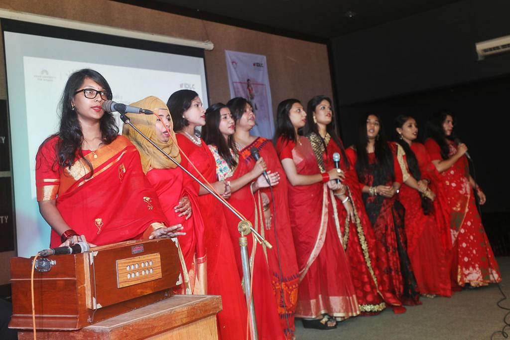 Students sing at the IDLC-Prothom Alo Trust Aditiya reception programme at the auditorium of Asian University for Women, Chittagong on 29 October. Photo: Sourav Das