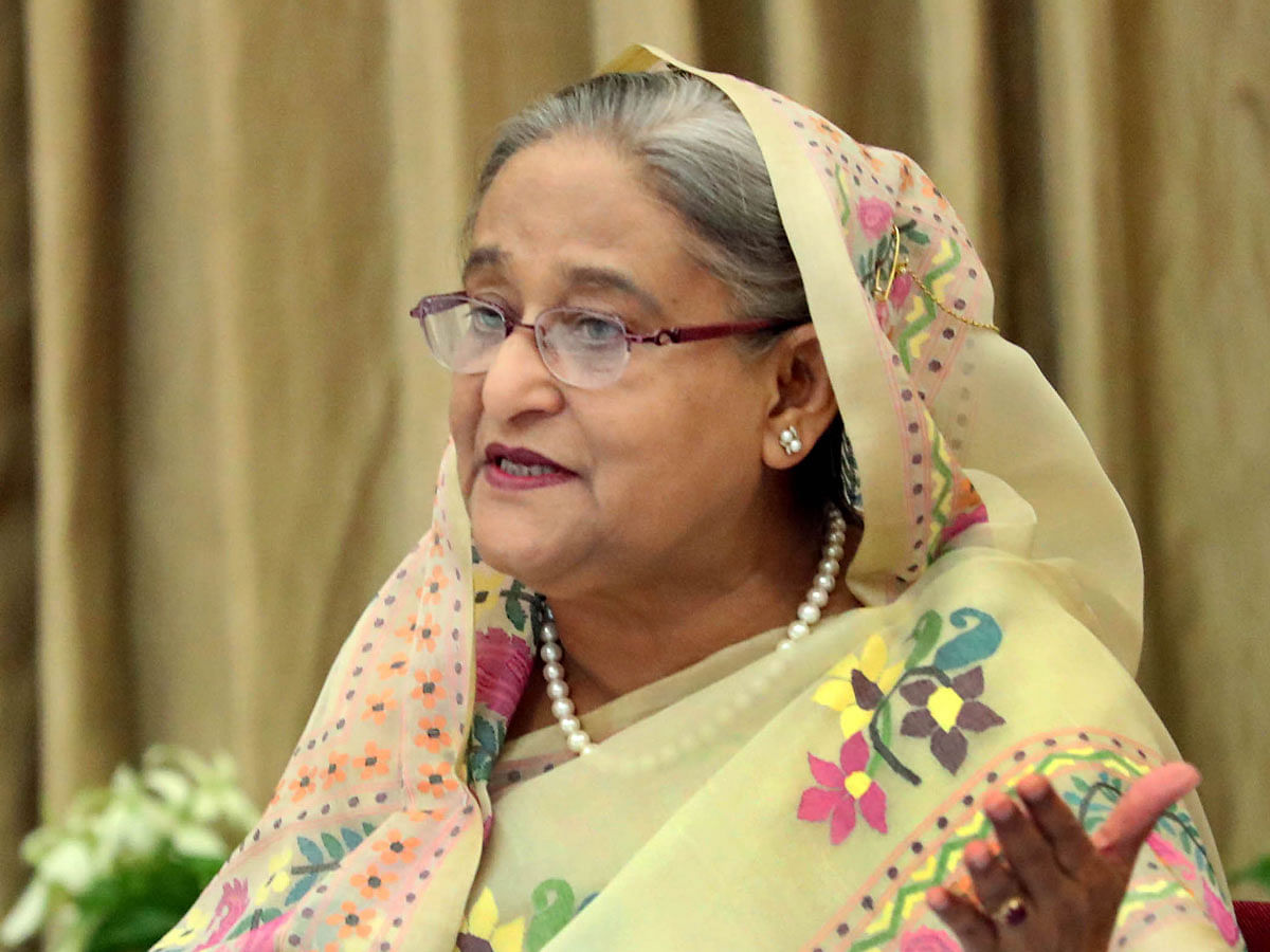 Prime minister Sheikh Hasina addresses a press conference at her Ganabhaban official residence in Dhaka on Tuesday. Photo: PID