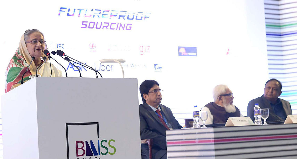 Prime minister Sheikh Hasina addresses at the inauguration programme of Bangladesh Leather Footwear and Leather Goods International Sourcing Show-2019 at Bangabandhu International Conference Centre (BICC) on Wednesday. Photo: PID