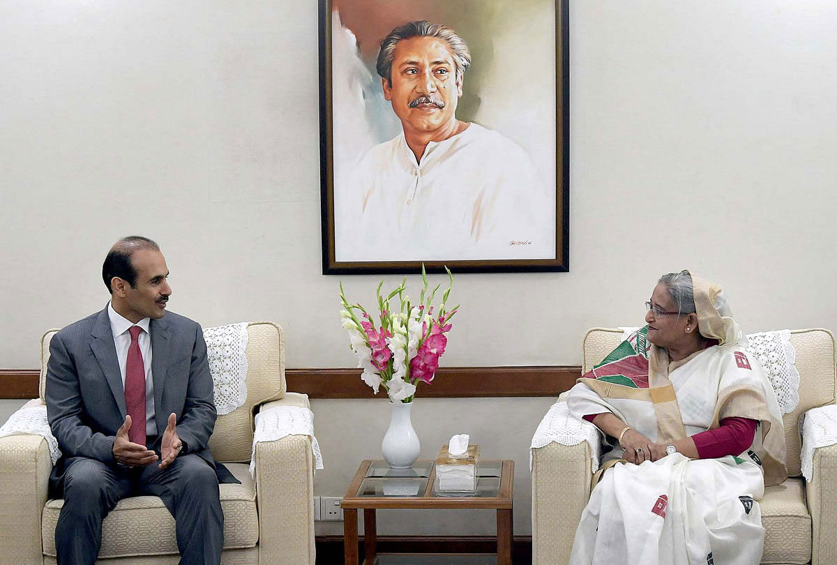 Visiting Qatar state minister for energy affairs Saad Sherida Al-Kaabi call on prime minister Sheikh Hasina at her official Ganabhaban residence in DHaka on Wednesday. Photo: PID