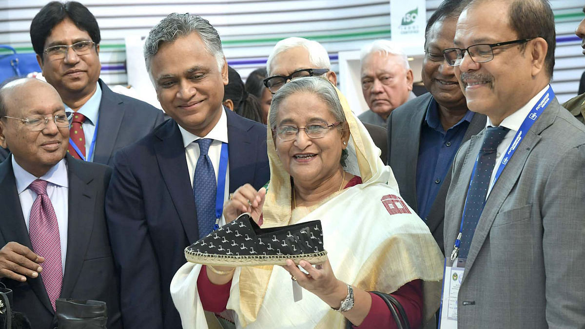 Prime minister Sheikh Hasina visits various stalls and pavilions after inaugurating the Bangladesh Leather Footwear and Leather Goods International Sourcing Show-2019 at Bangabandhu International Conference Centre (BICC) on Wednesday. Photo: PID