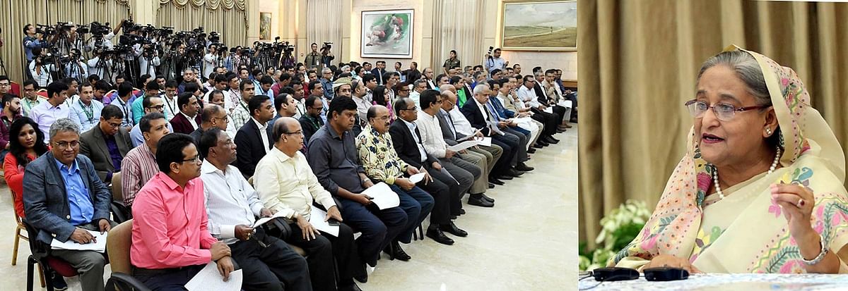 Prime minister Sheikh Hasina addresses a press conference at her Ganabhaban official residence in Dhaka on Tuesday. Photo: PID