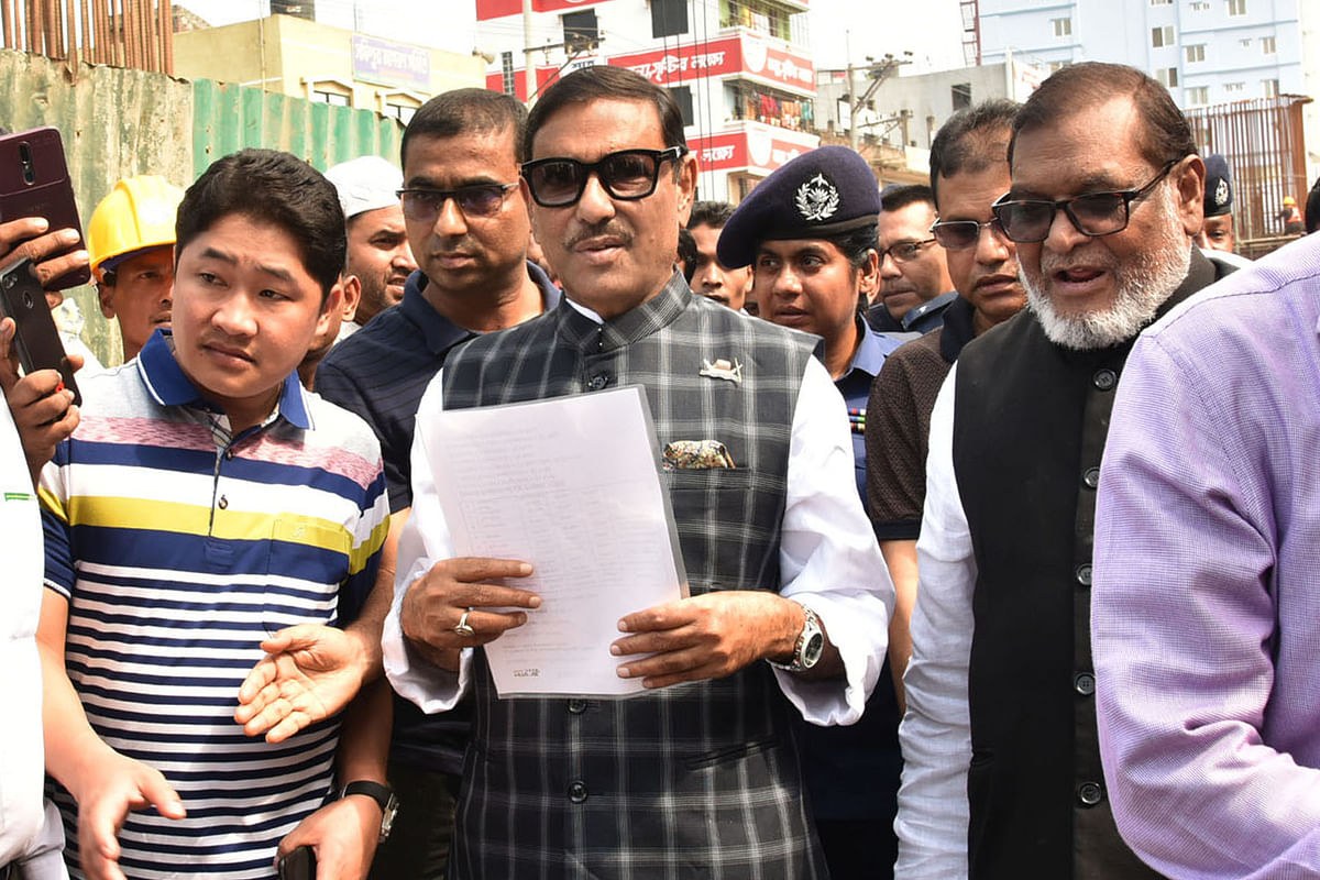 Road transport and bridges minister Obaidul Quader talking to reporters after visiting an under-construction flyover at Shafipur on Dhaka-Tangail highway on 1 November, 2019. Photo: Facebook