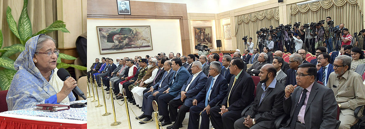 Prime minister Sheikh Hasina addresses a programme of receiving blankets from the Bangladesh Association of Banks (BAB) for the Prime Minister’s Relief and Welfare Fund at her official Ganabhaban residence in Dhaka on Saturday. Photo: PID