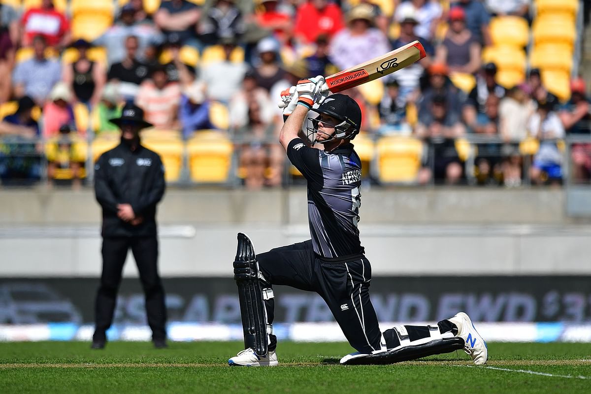 New Zealand`s James Neesham plays a shot during the Twenty20 cricket match between New Zealand and England at Westpac Stadium in Wellington on 3 November 2019. Photo: AFP