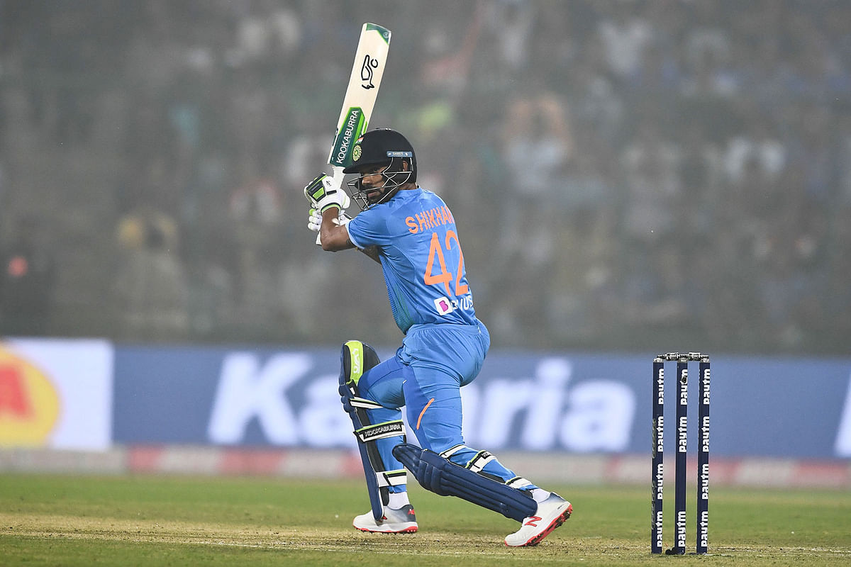 India`s Shikhar Dhawan plays a shot during the first T20 international cricket match of a three-match series between Bangladesh and India, at Arun Jaitley Cricket Stadium in New Delhi on 3 November 2019. Photo: AFP