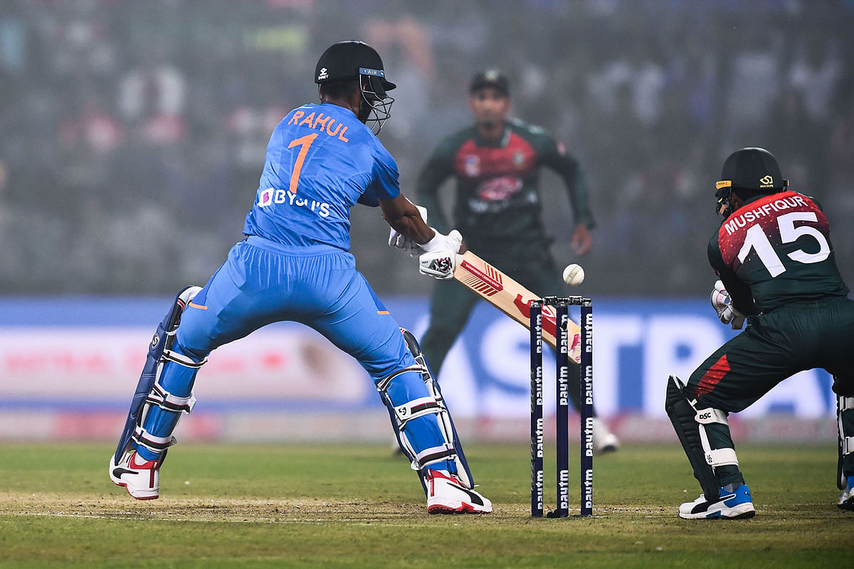 India`s Kannur Lokesh Rahul (L) plays a shot to be caught out during the first T20 international cricket match of a three-match series between Bangladesh and India, at Arun Jaitley Cricket Stadium in New Delhi on 3 November 2019. Photo: AFP