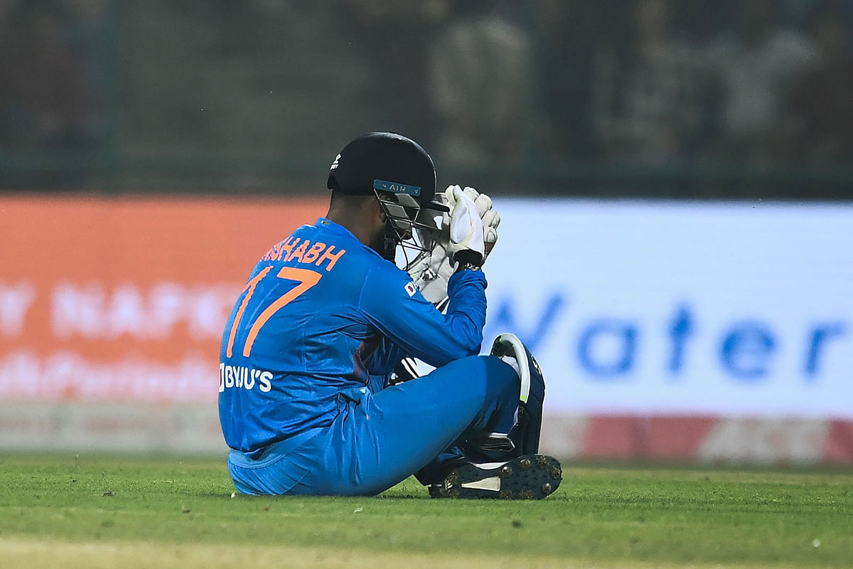 India`s wicketkeeper Rishabh Pant reacts during the first T20 international cricket match of a three-match series between Bangladesh and India, at Arun Jaitley Cricket Stadium in New Delhi on 3 November 2019. Photo: AFP