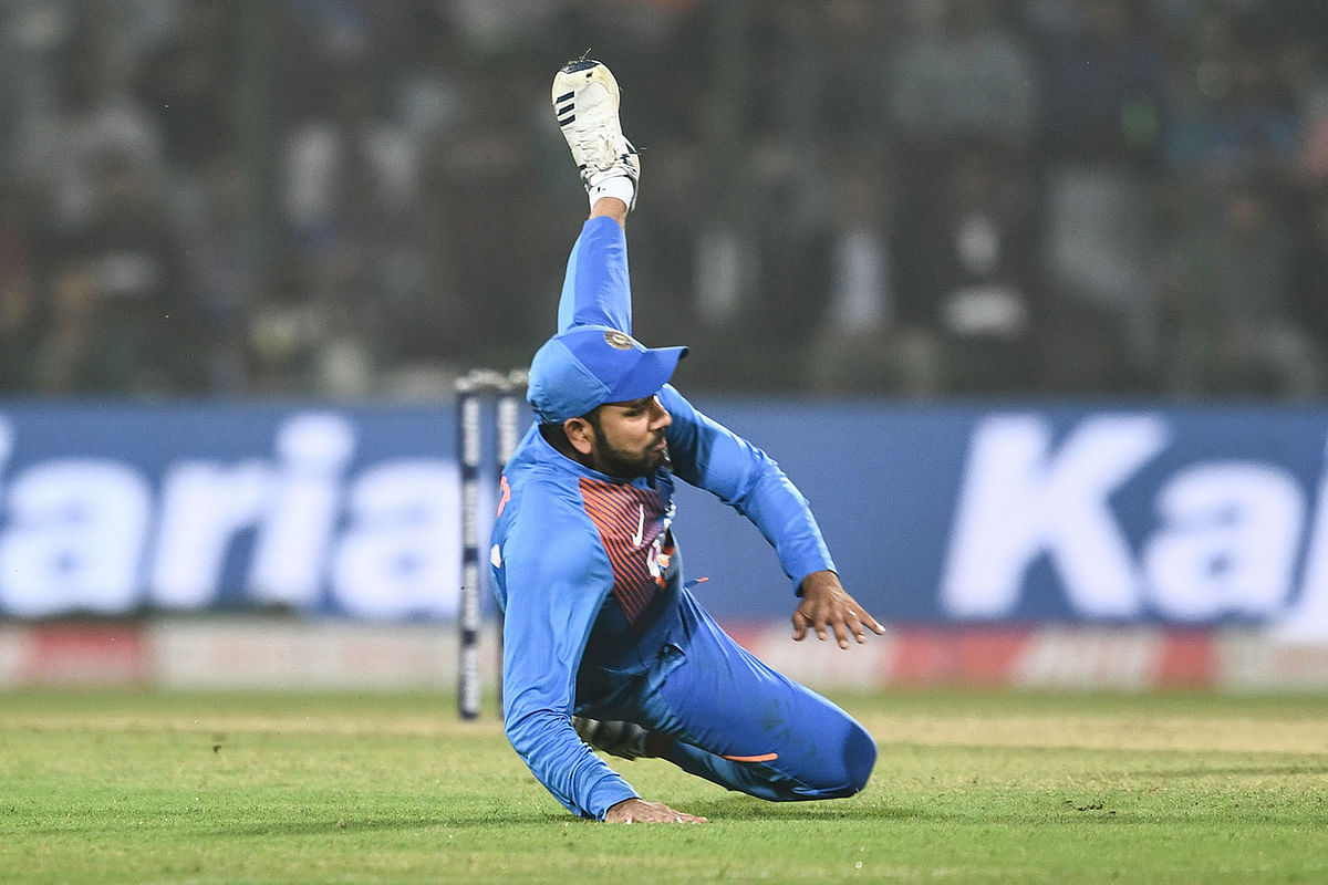India`s Rohit Sharma fields a ball during the first T20 international cricket match of a three-match series between Bangladesh and India, at Arun Jaitley Cricket Stadium in New Delhi on 3 November 2019. Photo: AFP