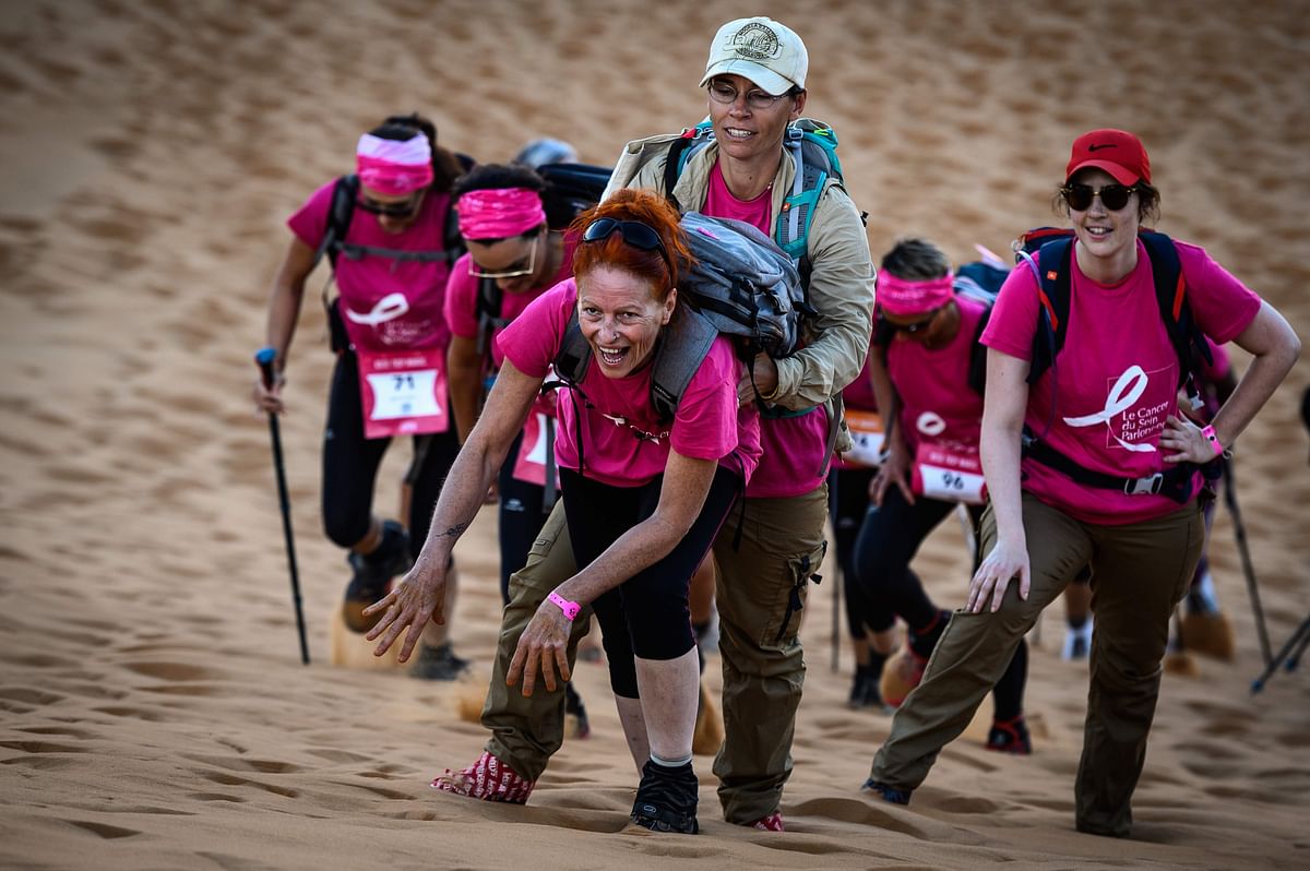 Women take part in the desert trek `Rose Trip Maroc`, on 4 November 2019 in the erg Chebbi near Merzouga. Photo: AFP