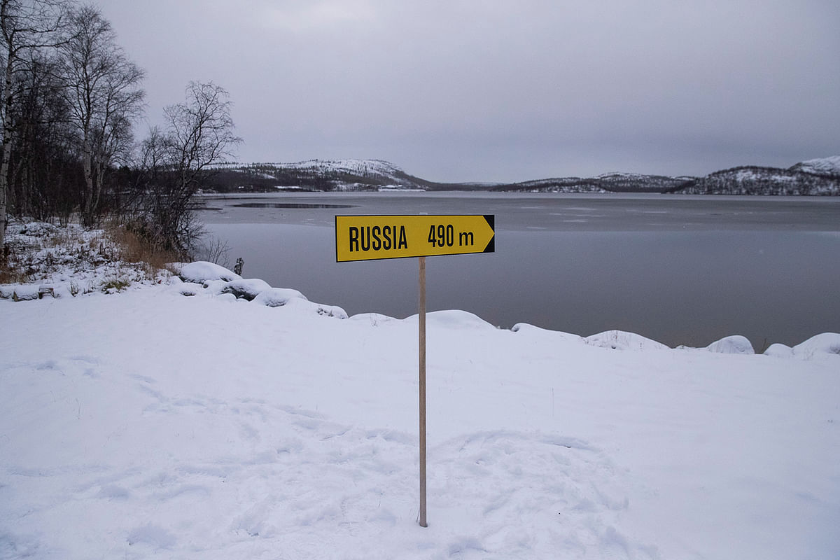 A sign reading `Russia 490m` stands next to the checkpoint between Storskog and Borisoglebsk on the Norway-Russia border in Finnmark county, Norway, on 26 October 2019. Photo: Reuters