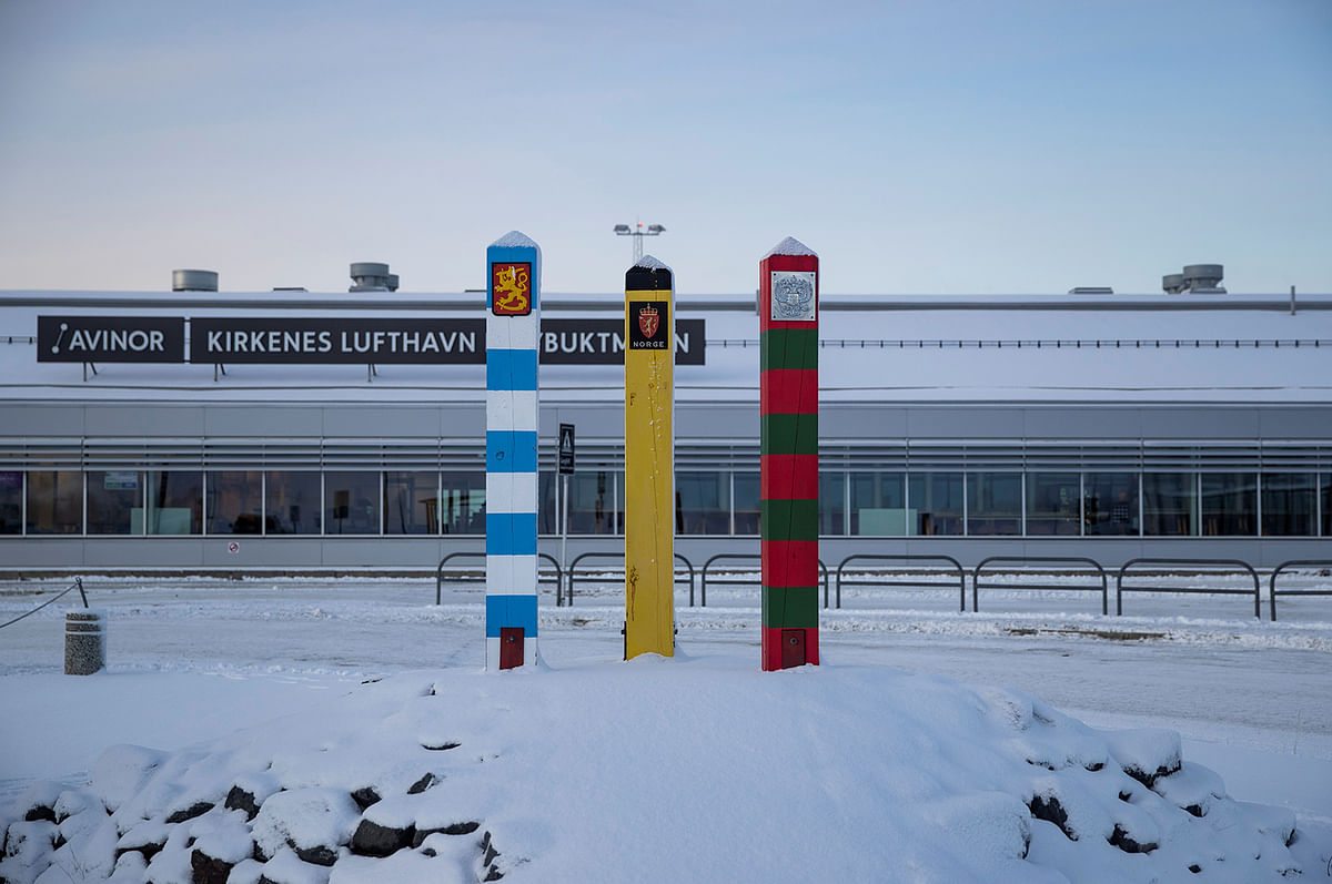 Border pillars of Finland, Norway and Russia stand outside of Kirkenes Airport, Norway, on 24 October 2019. Photo: Reuters