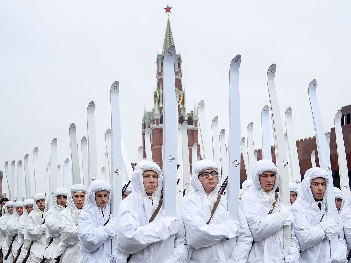 Russian servicemen dressed in historical uniforms rehearse for a forthcoming parade on Red Square in Moscow on 5 November 2019. Photo: AFP
