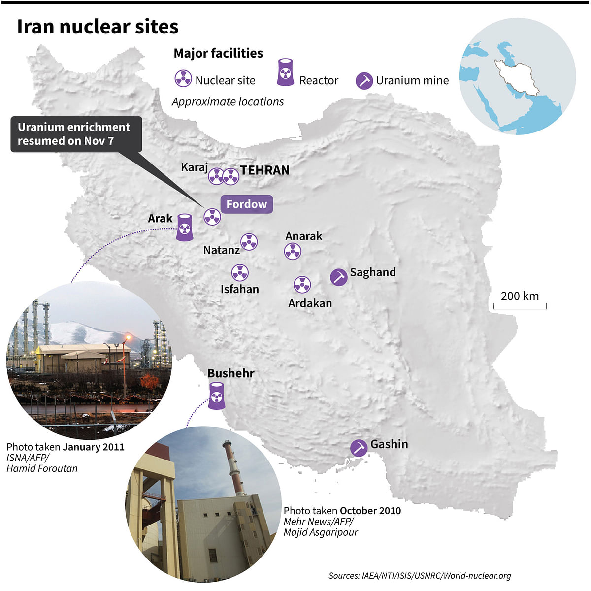 Map of Iran showing main nuclear facilities, including Fordow where uranium enrichment has resumed on Thursday. Photo: AFP