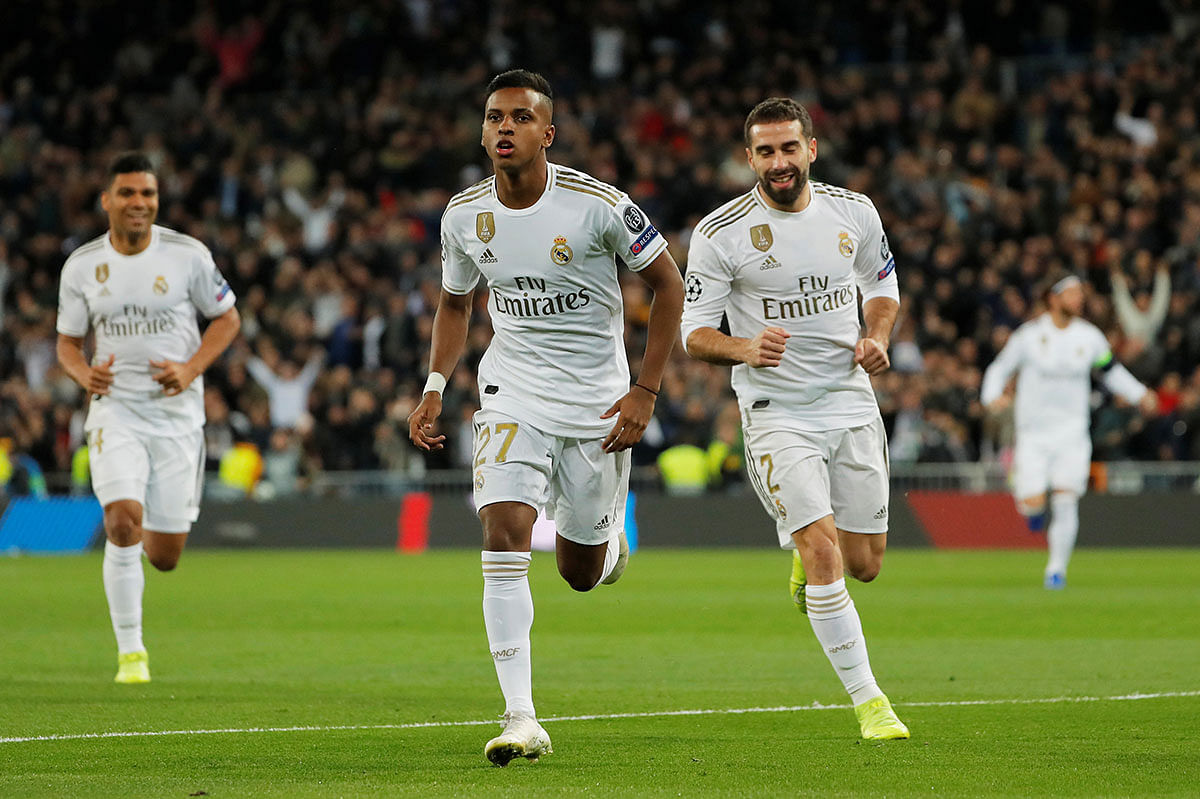 Real Madrid`s Rodrygo celebrates scoring their first goal in the Champions League Group A match against Galatasaray at Santiago Bernabeu, Madrid, Spain on 6 November 2019. Photo: Reuters