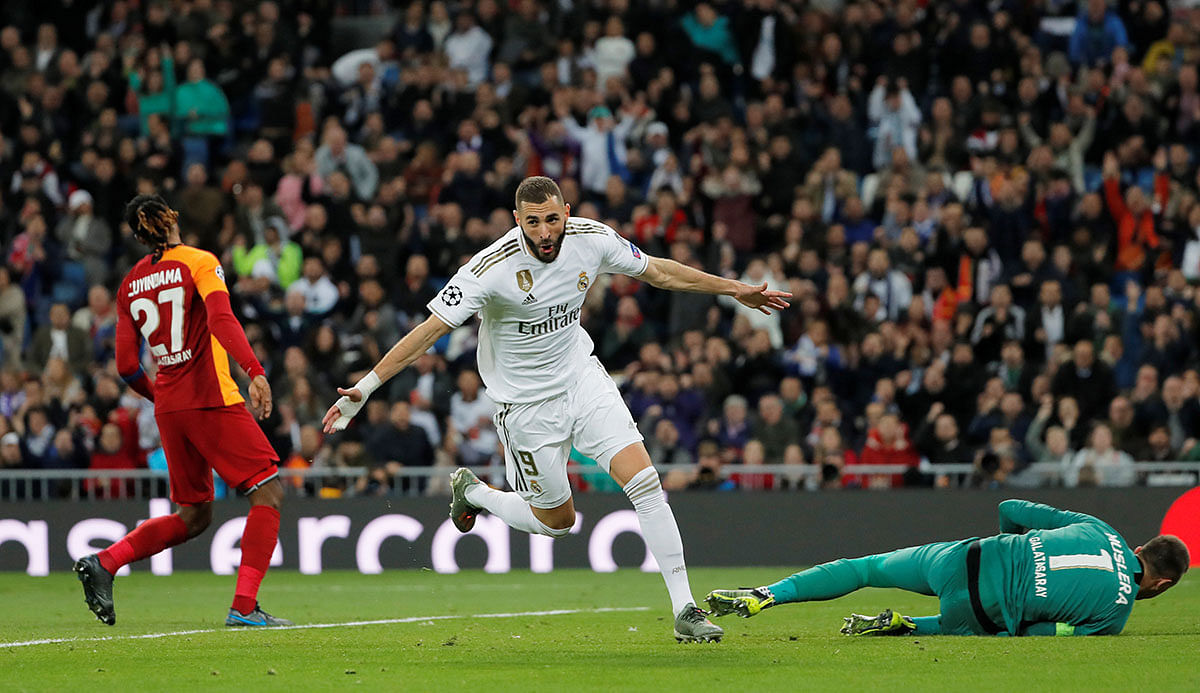 Real Madrid`s Karim Benzema celebrates scoring their fourth goal in the Champions League Group A match against Galatasaray at Santiago Bernabeu, Madrid, Spain on 6 November 2019. Photo: Reuters