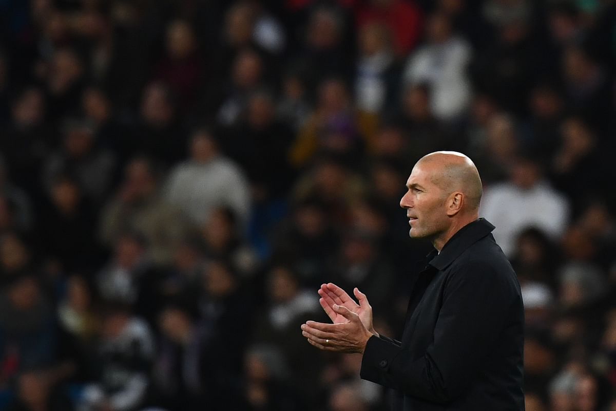 Real Madrid`s French coach Zinedine Zidane applauds during the UEFA Champions League Group A football match between Real Madrid and Galatasaray at the Santiago Bernabeu stadium in Madrid, on 6 November 2019. Photo: AFP