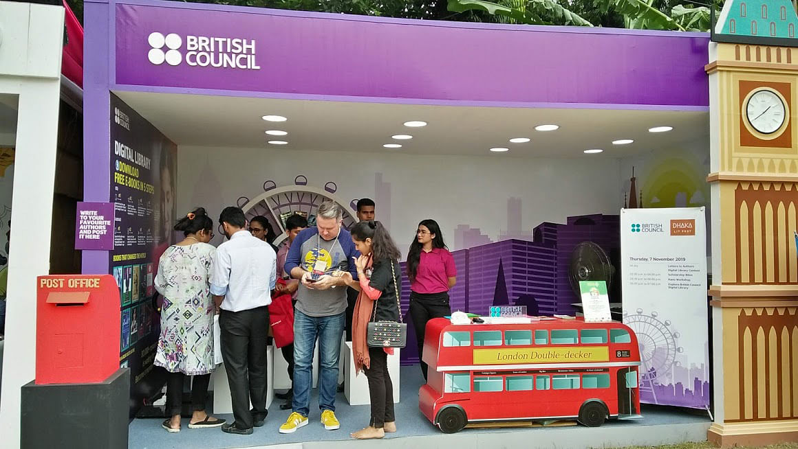 Visitor at a stall of British Council at Dhaka Lit Fest 2019 on 7 November 2019. Photo: Nusrat Nowrin