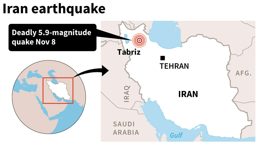 Map locating the town of Tabriz in Iran`s East Azerbaijan Province near where a shallow 5.9-magnitude earthquake struck early Friday. Photo: AFP